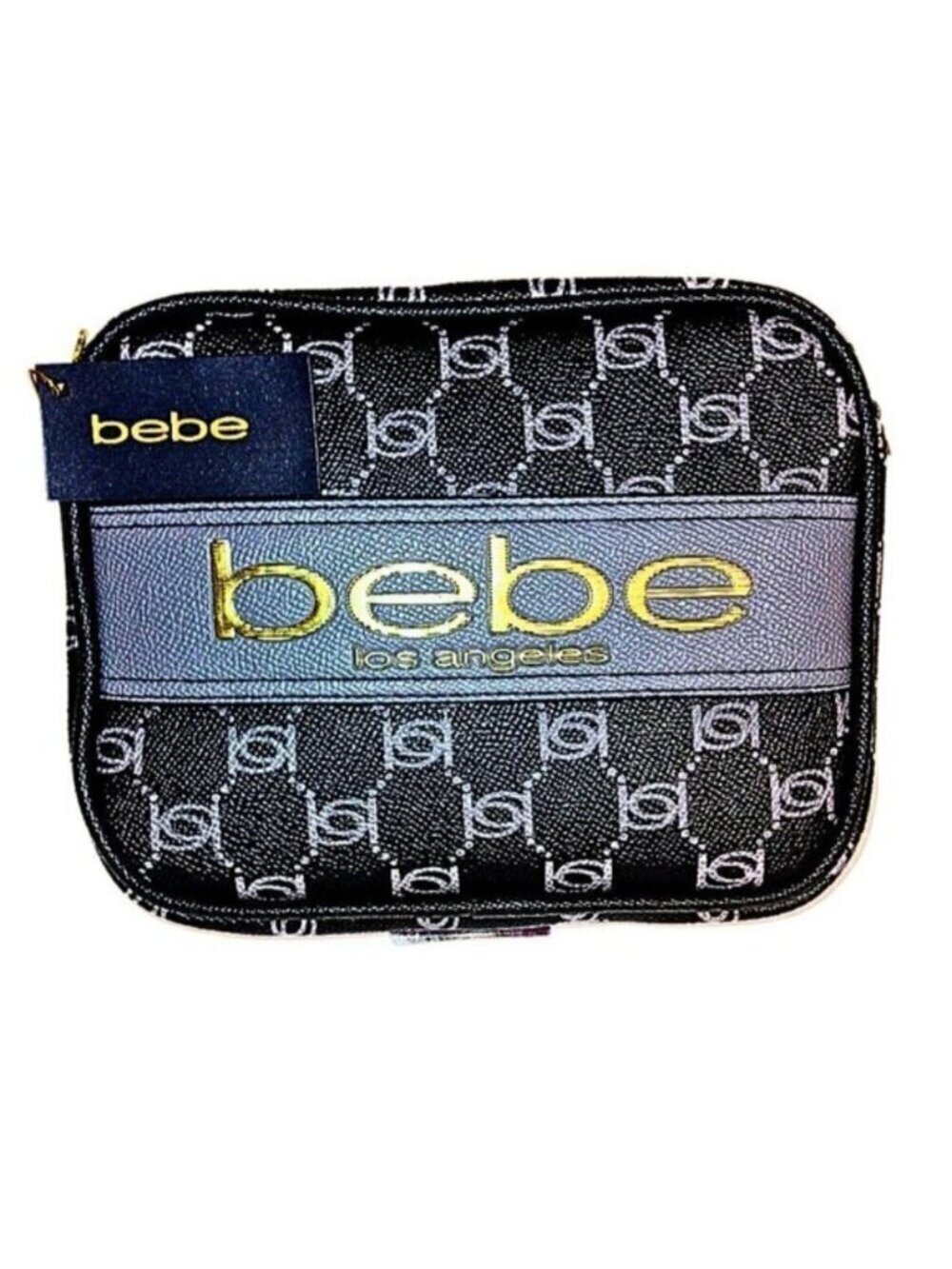 BEBE BLACK & GRAY GOLD MONOGRAM LEATHER CAMERA BAG CROSSBODY PURSE - NWT